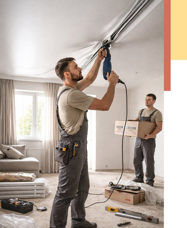 Монтаж сатинового натяжного потолка в Благовещенске от 3635 руб. | Быстро, недорого — ОТДЕЛОЧНИК-Бгв