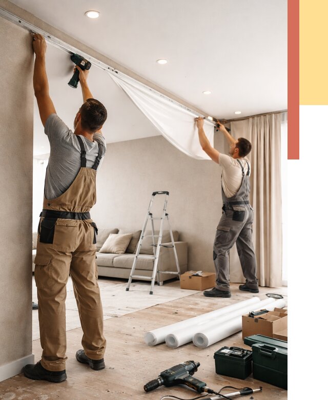 Монтаж натяжного потолка в гостиной в Благовещенске от 571 руб. | ОТДЕЛОЧНИК-Бгв