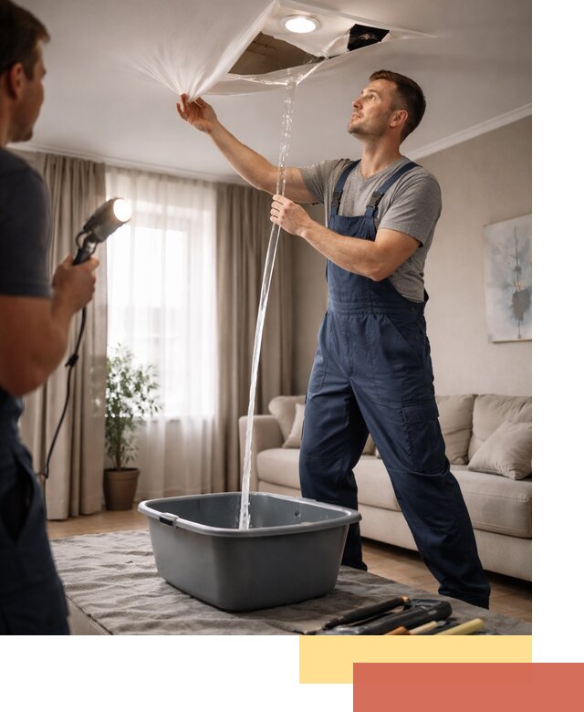 Слив воды с натяжного потолка в Благовещенске быстро и аккуратно