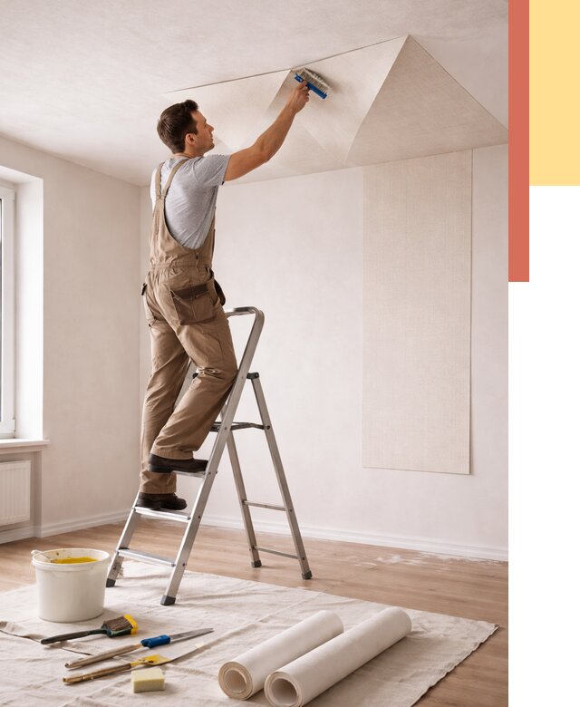 Поклейка обоев на потолок в Благовещенске от 4674 руб. быстро и недорого | ОТДЕЛОЧНИК-Бгв